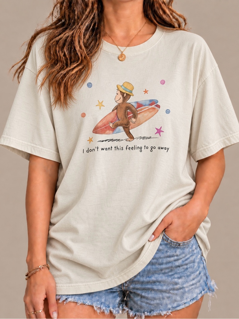 Curious George Surfboard Summer Beach Aesthetic Womens Graphic Reprint Tee Shirt - Picture 2 of 4